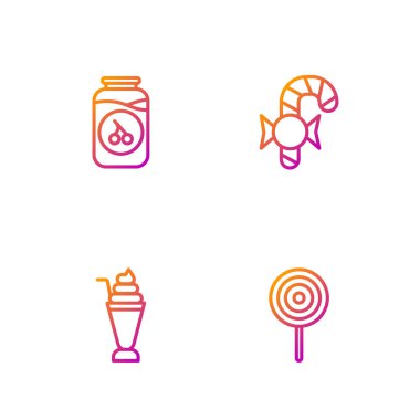 Set hattı, lolipop, milkshake, kiraz reçeli kavanozu ve Noel şekeri bastonu. Renk simgeleri. Vektör.