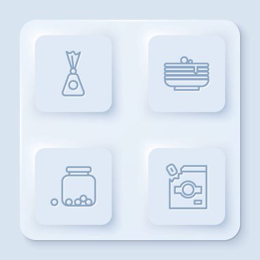 Sıra Candy, krep yığını, şekerli cam kavanoz ve şeker paketleri. Beyaz kare düğme. Vektör.