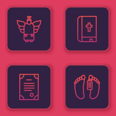 Noel meleği, ölüm sertifikası, kutsal kitap ve ceset. Mavi kare düğme. Vektör.