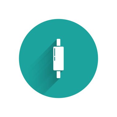 Beyaz yuvarlanan pin simgesi uzun gölgeli izole edilmiş. Yeşil daire düğmesi. Vektör.