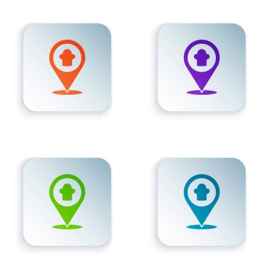 Beyaz arkaplanda konum simgesine sahip Renk Şefi şapkası. Aşçılık sembolü. Aşçı şapkası. Kare düğmelere renkli simgeleri yerleştir. Vektör.