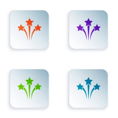 Beyaz arkaplanda izole edilmiş renkli Firework simgesi. Eğlence partisi anlayışı. Patlayıcı havai fişek sembolü. Kare düğmelere renkli simgeleri yerleştir. Vektör.