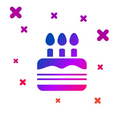 Beyaz arkaplanda izole edilmiş yanan mum simgesi olan Renkli Kek. Doğum günün kutlu olsun. Kademeli rastgele dinamik şekiller. Vektör.