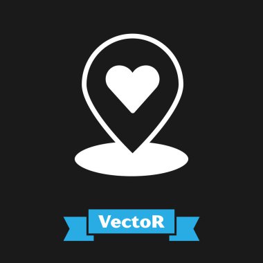 Siyah arkaplanda kalp simgesi olan beyaz harita işaretçisi. Sevgililer Günü. Aşk yeri. Romantik harita iğnesi. Vektör.