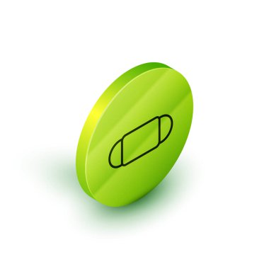 İzometrik çizgi tıbbi koruyucu maske simgesi beyaz arka planda izole edildi. Yeşil daire düğmesi. Vektör İllüstrasyonu.