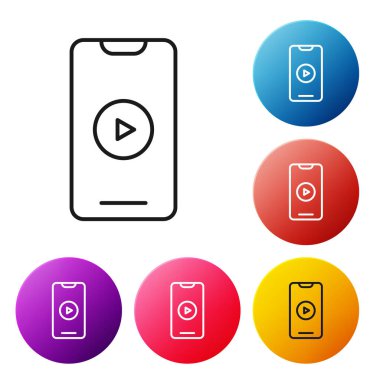 Siyah çizgi çevrimiçi video simgesi beyaz arkaplanda izole edildi. Akıllı telefon ve üzerinde oyun işareti olan film şeridi. Renkli daire düğmelerini ayarlayın. Vektör İllüstrasyonu.