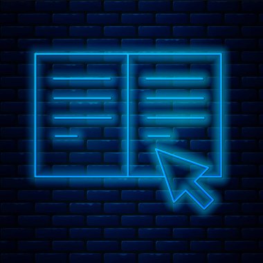 Parlayan neon hattı çevrimiçi kitap simgesi tuğla duvar arka planında izole edildi. İnternet eğitimi konsepti, e-öğrenme kaynakları, uzak online kurslar. Vektör İllüstrasyonu.
