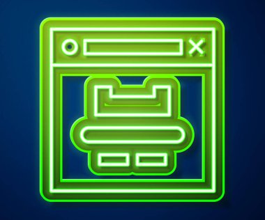 Parlayan neon hattı Tarayıcı pencere simgesi mavi arkaplanda izole edildi. Vektör İllüstrasyonu.