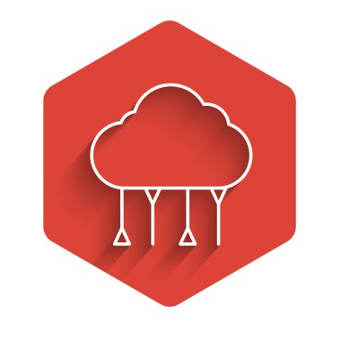 Beyaz çizgi Ağ Bulut bağlantısı simgesi uzun gölgede izole edildi. Sosyal teknoloji. Bulut hesaplama konsepti. Kırmızı altıgen düğmesi. Vektör İllüstrasyonu.