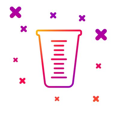 Beyaz zemin üzerinde izole edilmiş kuru ve sıvı yiyecek ikonunu ölçmek için renk çizgisi ölçme kabı. Plastik şişenin sapı var. Kademeli rastgele dinamik şekiller. Vektör.