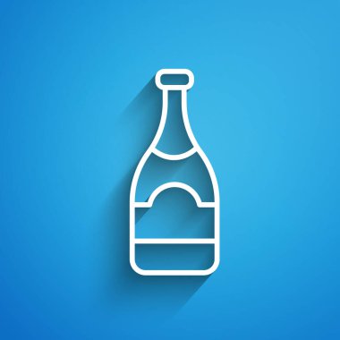 Beyaz çizgi şampanya şişesi ikonu mavi arka planda izole edilmiş. Uzun gölge. Vektör.