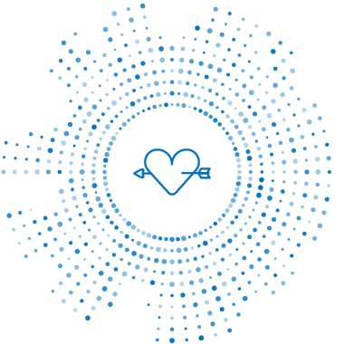 Beyaz zemin üzerinde kalp ve ok simgesi olan mavi çizgi Amour sembolü. Aşk işareti. Sevgililer Günü sembolü. Soyut çember rastgele noktalar. Vektör.