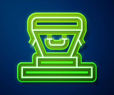 Parlayan neon hattı Tabut simgesi mavi arkaplanda izole edildi. Cenaze töreni. Vektör.