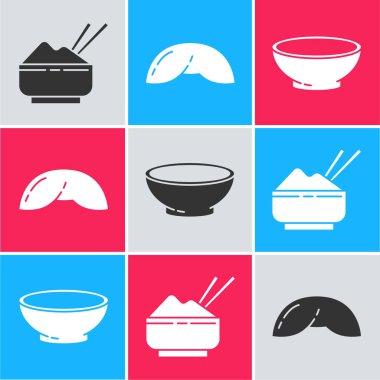 Pirinci yemek çubuğu, Çin fal kurabiyesi ve bir kase sıcak çorba ikonu ile bir kaseye koy. Vektör.
