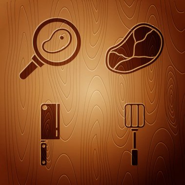 Spatula, kızartma tavasında biftek, ahşap zeminde et ve biftek. Vektör.