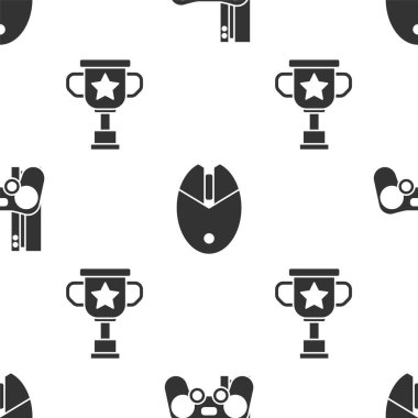 Oyun konsolunu joystick, bilgisayar fare oyunu ve ödül kupasıyla kusursuz desen üzerine ayarla. Vektör.