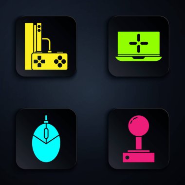 Oyun makinesi için Joystick 'i, oyun konsolunu joystick, fare oyunu ve dizüstü bilgisayarla ayarla. Siyah kare düğme. Vektör.