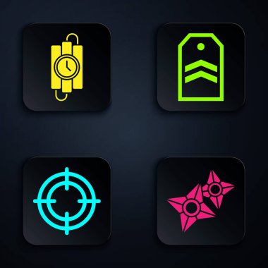 Japon ninja shuriken, dinamit çubuğu ve zamanlayıcı ayarlayın, hedef spor ve Chevron. Siyah kare düğme. Vektör.