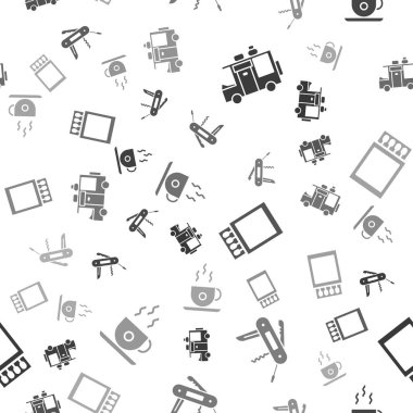 Karavan karavanı, İsviçre çakısı, kibrit kutusu, kibrit kutusu ve kahve fincanı. Vektör.