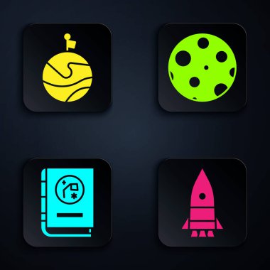 Roket gemisi, bayraklı ay, astronomi ve Ay 'ın kitabı. Siyah kare düğme. Vektör.