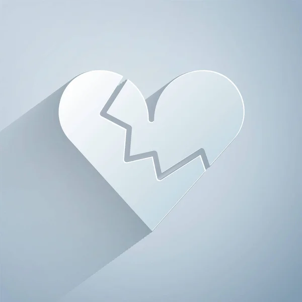 Papier Gesneden Gebroken Hart Scheiding Pictogram Geïsoleerd Grijze Achtergrond Liefdessymbool — Stockvector