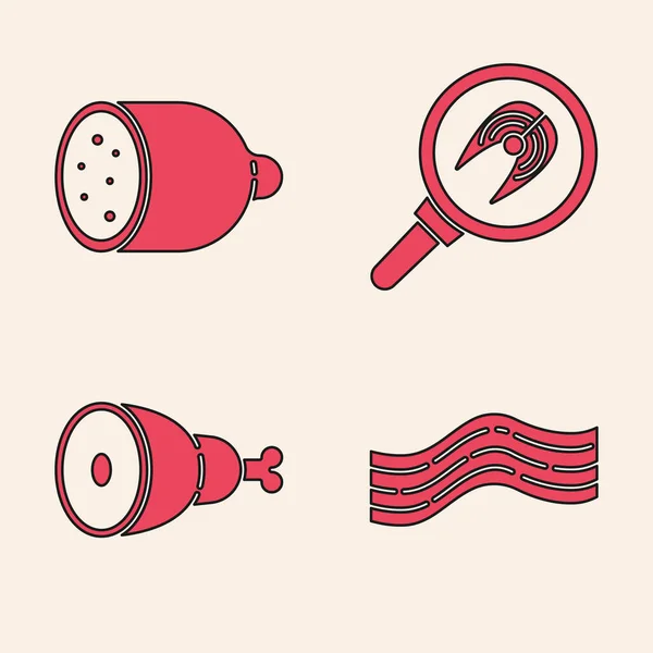 Set Bacon Stripe Saucisse Salami Steak Poisson Dans Poêle Icône — Image vectorielle