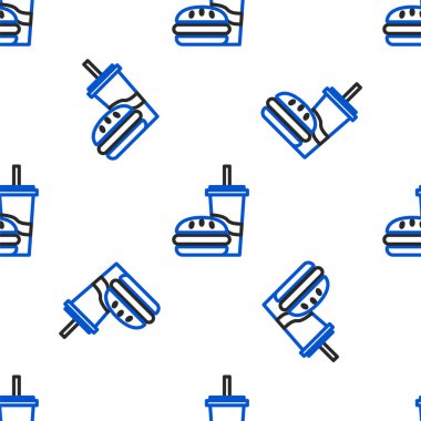 Saman ve burger ikonu içen çizgi kağıt bardak beyaz arka planda izole edilmiş pürüzsüz desen. Soda su içme tabelası. Hamburger, çizburger sandviçi. Renkli taslak konsepti. Vektör.