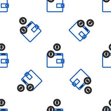 Bozuk para ikonlu çizgi cüzdanı beyaz arka planda izole edilmiş kusursuz desen. Çanta ikonu. Nakit tasarruf sembolü. Renkli taslak konsepti. Vektör.