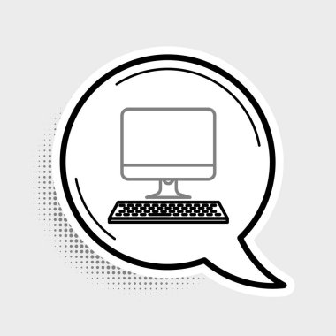 Gri arkaplanda klavye simgesine sahip çizgi bilgisayar monitörü izole edildi. Bilgisayar bileşeni işareti. Renkli taslak konsepti. Vektör.