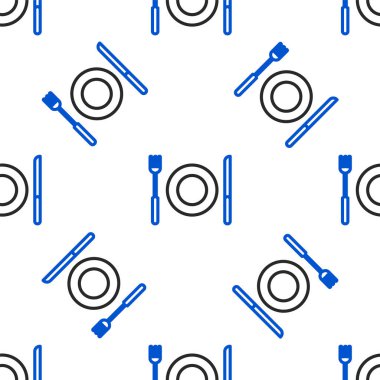 Çizgi plaka, çatal ve bıçak ikonu beyaz arka planda izole edilmiş kusursuz desen. Çatal bıçak sembolü. Restoran tabelası. Renkli taslak konsepti. Vektör.