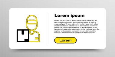 Karton kutuları olan çizgi teslimatçısı beyaz arka planda izole edilmiş. Kuryeyle kapı kapı dolaşacağız. Renkli taslak konsepti. Vektör.