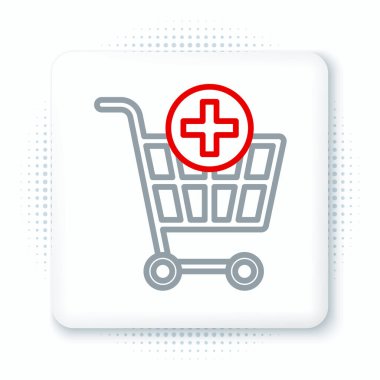 Beyaz arkaplanda izole edilmiş alışveriş arabası simgesine satır ekle. İnternetten satın alma konsepti. Servis tabelası. Süpermarket sepeti sembolü. Renkli taslak konsepti. Vektör.