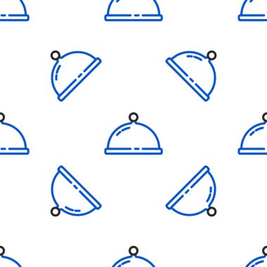 Beyaz arka planda izole edilmiş yemek ikonu tepsisiyle kaplı bir hat. Tepsi ve kapak. Kapaklı bir restoran saati. Mutfak eşyaları sembolü. Renkli taslak konsepti. Vektör.