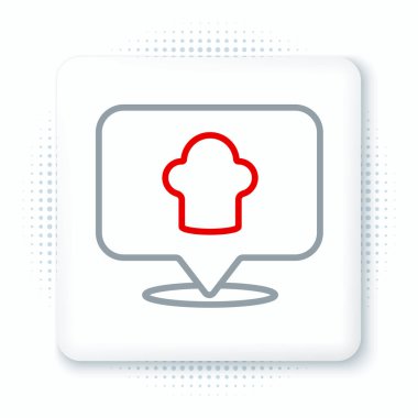 Beyaz arkaplanda konum simgesi olan hat şefi şapkası. Aşçılık sembolü. Aşçı şapkası. Renkli taslak konsepti. Vektör.