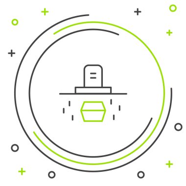 Mezar taşı ve tabut ikonu beyaz arka planda izole edilmiş. Renkli taslak konsepti. Vektör.