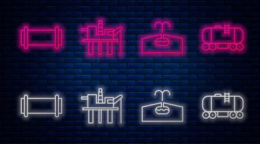 Denizde petrol platformu, Petrol, Sanayi Borusu ve Petrol Demiryolu Sarnıçları. Tuğla duvarda parlayan neon simgesi. Vektör.