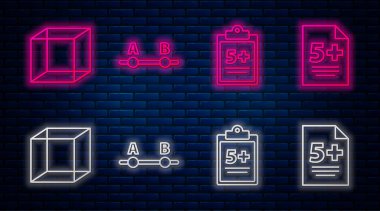 Sınav cetveli, matematik fonksiyonu sinüs, fonksiyon matematiksel sembolü ve hesap makinesini ayarla. Tuğla duvarda parlayan neon simgesi. Vektör.