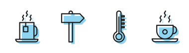 Meteoroloji termometresi, çay poşetli çay, trafik levhası ve kahve fincanı ikonu. Vektör.