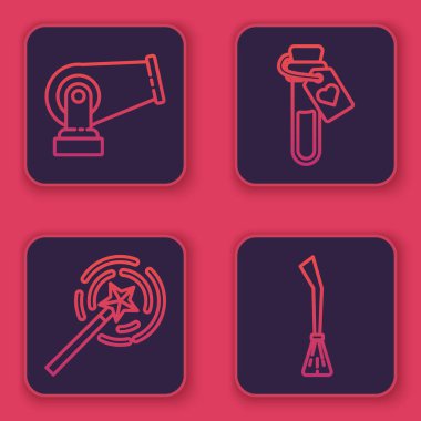 Hat Cannon, sihirli değnek, aşk iksiri şişesi ve cadı süpürgesi. Mavi kare düğme. Vektör.