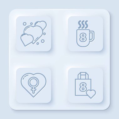 Set hattı Heart, 8 Mart 'ta kahve fincanı, kalbe cinsiyet ve kalple alışveriş torbası. Beyaz kare düğme. Vektör.