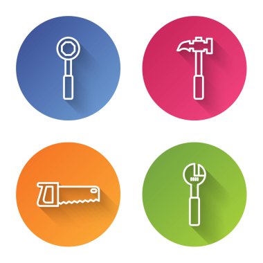 Halat anahtarı, pençe çekici, el testeresi ve ayarlanabilir anahtarı ayarla. Renkli daire düğmesi. Vektör.