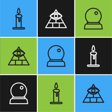 Mum, sihirli top ve mason ikonunda yanan mumu ayarla. Vektör.