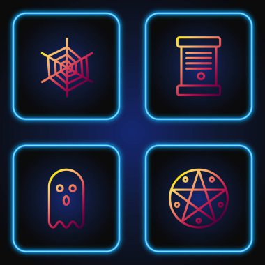 Pentagram 'ı daire içine alın, Hayalet, Örümcek Ağı ve Kararname, kağıt, parşömen, parşömen. Renk simgeleri. Vektör.