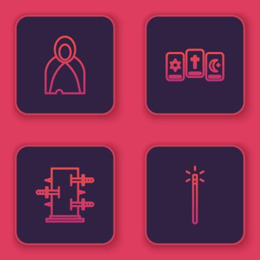 Mantle, pelerin, pelerin, sihir numaraları için bagaj, üç tarot kartı ve sihirli değnek ayarla. Mavi kare düğme. Vektör.