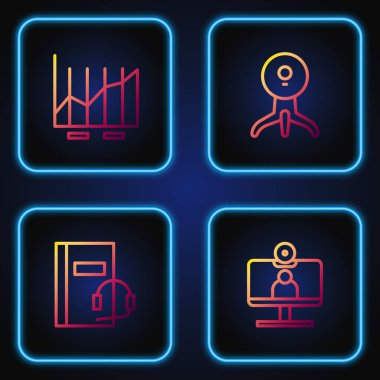 Hat görüntülü sohbet konferansı, ses kitabı, pasta grafiği bilgisi ve web kamerası ayarla. Renk simgeleri. Vektör.