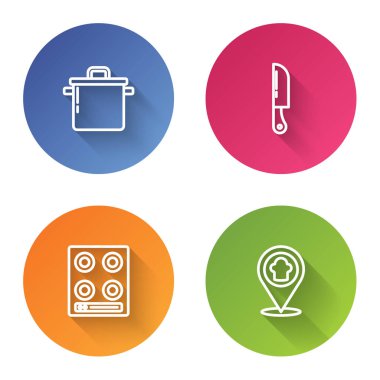 Hattı ayarla. Tencere, bıçak, gaz sobası ve Şef şapkası. Renkli daire düğmesi. Vektör.