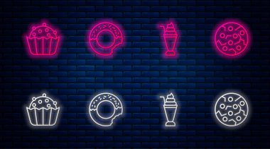 Donut, Milkshake, Cupcake ve Cookie veya bisküvi. Tuğla duvarda parlayan neon simgesi. Vektör.