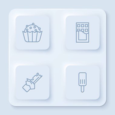 Set hattı Cupcake, Chocolate bar, Isırılmış çikolata ve dondurma. Beyaz kare düğme. Vektör.
