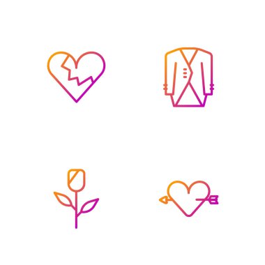 Aşkı kalp ve okla belirle, Çiçek gülü, kırık ya da boşanma ve takım elbise. Renk simgeleri. Vektör.