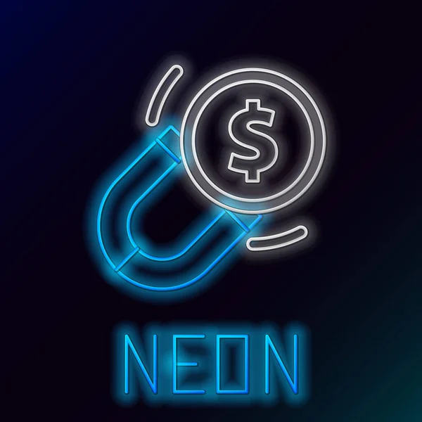 Glödande Neon Line Magnet Med Pengar Ikon Isolerad Svart Bakgrund — Stock vektor